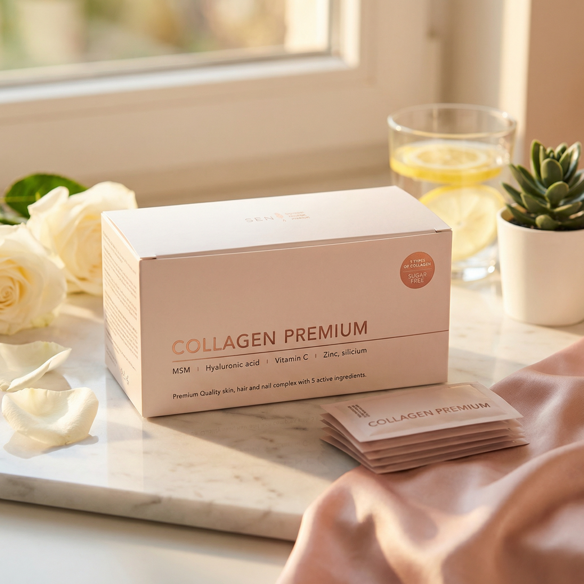 SEN Kolagen Premium + MSM v vrečkah za sijočo kožo, močne lase in nohte